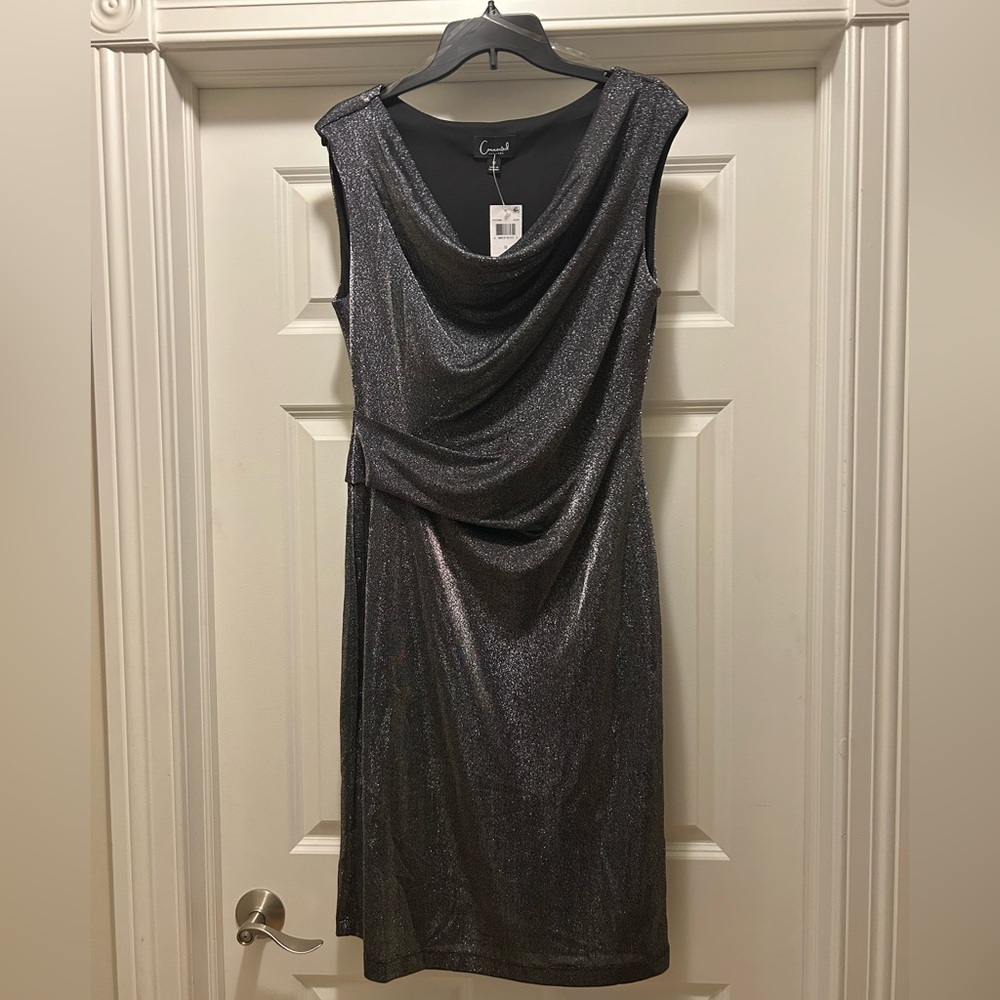NWT Black and Silver Sheath Cocktail Dress Cowl Neck Sleeveless